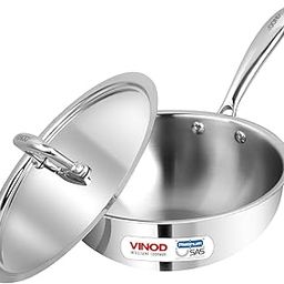 Vinod Platinum Triply Stainless Steel Frypan - 22cm | Deep Skillet Pan with Lid | Rivetted Study Handle | Induction & Gas Base | 5 Year Warranty - Silver-image-89
