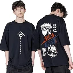 uniplanet store Cotton 3/4 Sleeve Mens Oversized Black T-Shirt, Anime Jujutsu Oversized Back Printed T Shirt-picture-1
