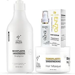Global Amazon Secrets Nanoplastia hair Smoothening Shampoo and Hair Masque, 500ml Each, With Free Enzo Professional Hair serum 100ml BTX Infusion with Fenugreek and Biokeratin-51