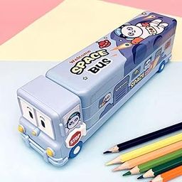 VGRASSP Space Bus Shape Pencil Box with Sharpener for Kids - Metal Made Cute Cartoon Printed Double Decker Multi Purpose Geometry Case for School Students - Color As Per Stock-image-13