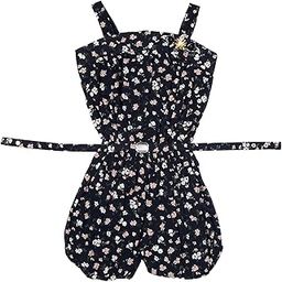 Floral Sleeveless Romper, Navy Blue Summer Jumpsuit with Belt, Pink and White Flower Print-image-3