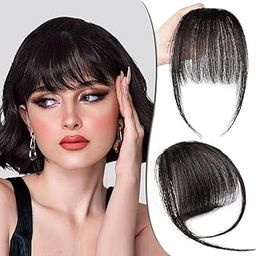 Feora Clip on Hair Extensions - Front Hair Bangs for Women - Wavy Synthetic Bangs - 4.7 Inch Length - Black Color-30