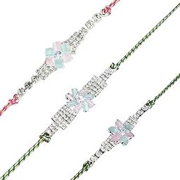 Premium Handcrafted AD Diamond Rakhi Set of 3 for Brother, Colourful Pure Cotton Thread Festive Bracelet Style Designer Combo Rakhi with Roli Chawal and Rakshabandhan Greeting Card-12-16