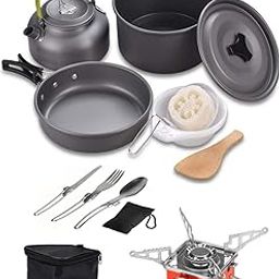 DPCR Camping Cookware Mess Kit with Gas Stove and Spoon, Lightweight Hiking Cookware Set with Mesh Bag, Nonstick Aluminum Cooking Kit, Pot Pan Kettle Backpacking Mess Kit with Bowls (3-4 Person)-image-52