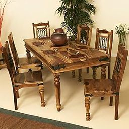 LOONART Solid Wood Maharaja Mansion Six Seater Dining Table Set for Dining Room Wooden Dinner Table with Six Chair | Finish Colour- Natural Finish |-image-71