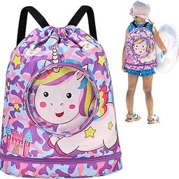 Proberos® Drawstring Backpack Girls Waterproof Swimming Bags with Shoe Compartment Colorful Unicorn Print Polyester Drawstring Backpack Girls Travel Backpack Swimming Bag Activitiy Bag-11