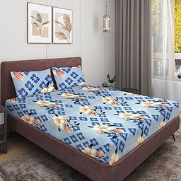 ROMEE Elegant Floral Printed Microfiber Double Bedsheet, 144 TC Soft Feel, Queen Size (88 x 95 Inches), with 2 Pillow Covers, Blue-image-2