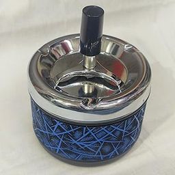 Spinning Ashtray with Chrome Lid, Blue Geometric Pattern, Push-Down Design-13