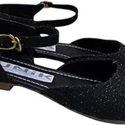 Ladies Ankle Strap Belly Shoes, Black Textured, Casual Flats with Brass Buckle Black-image-54