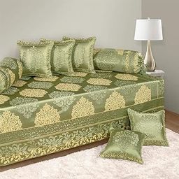 Victor Poly Cotton Styria Satin Damask Geometrical Pattern Diwan - Set 8 Pieces, Green (Bedcover - 60"x90", 2 Bolsters - 16" x 32" & 5 Cushion Covers - 16" x 16")-image-90