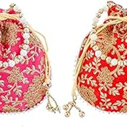 Kuber Industries Ethnic Clutch Silk 2 Pieces Potli Batwa Pouch Bag with Beadwork Gift for Women (Red & Pink) - CTKTC42146-image-34