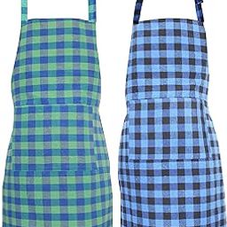 GLUN Waterproof Unisex Kitchen Checkered Design Apron with 2 Roomy Size Front Centre Pocket and Adjustable Neck Strap (Pack Of 2)-30