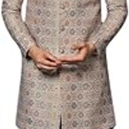Men's Kurta Indo-Western Sherwani Trouser Set, Grey Cotton, Jacquard Regular Fit Mandarin Collar Long Sleeves-image-47