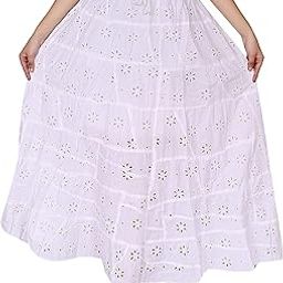 White chikankaari embroidary Cotton Long Skirt for Women & Girls, Waist size-28-42 inches-image-7