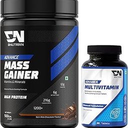 DNUTRIXN Advance Mass Gainer | High Protein with Digestive Enzyme & Multivitamin + Multivitamin Tablets 30N | Combo Pack (500g, Chocolate)-image-18