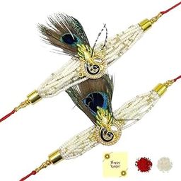 Designer Pearl Studded Peacock Feather Rakhi For Brother Elegan Rakhi For Beloved Brother With Roli Chawal With Greetings Card And Roli Chawal Set Of 2 Rakhi-image-65