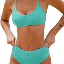 Women Swimsuit Bikini Set Two Piece Bathing Suit High Waisted Ribbed Texture Asymmetrical Bottom, Light Green, M-0