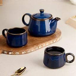 The Earth Store Premium Navy Blue Glaze Ceramic Morning Tea Set - 2 Tea Cups & 1 Kettle Microwave and Dishwasher Safe | Tea Cup with Kettle | Small Morning Set | Ideal for Gifting and Daily Use-26