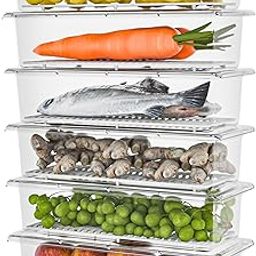 TEX-RO 6 Fridge Storage Boxes Fridge Organizer with Removable Drain Plate and Lid Stackable Fridge Storage Containers Plastic Freezer Storage Containers for Fish, Meat, Vegetables, Fruits(1500ML)-19