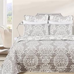 DriftAway 3 Piece Samantha Reversible Quilt Set Bedspreads Coverlet Floral Medallion Pattern Cover Prewashed Light Gray and White Queen-image-4