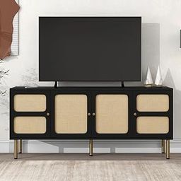 ND INTERNATIONAL Modern TV Stand with Rattan Mesh Doors – Solid Wood 6-Door Storage TV Stand with Open Shelves – Black Finish Media Console with Gold Metal Legs for Living Room, Bedroom, or Office-image-44