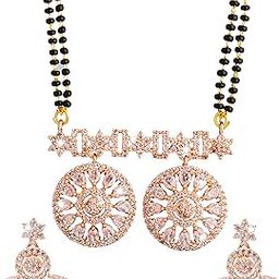 Womens Rose Gold Plated Solitaire, Cz, Crystal & Ad Studded Mangalsutra Tanmaniya Pendant Necklace Jewellery Set With Earrings (Sjn_117)-image-1