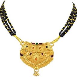 Traditional Gold-Plated Mangalsutra with Floral Motif Pendant & Black Beads-image-36