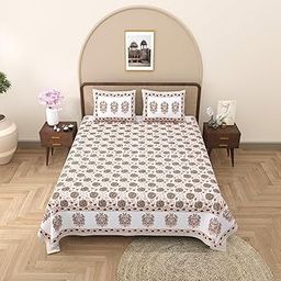 Cotton King Size Double Bedsheet with 2 Pillow Covers, Floral Print, Turquoise and Brown, 241 x 274 cm-image-54