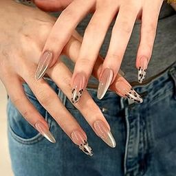 Beauty Tips cat eye Press On Nails premium collection, Pearl Chrome Finish with Leopard Print Accents, Medium Length. shorter than Model picture.Almond Shape, 30 Pieces T701-image-69