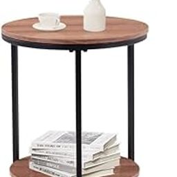 Weston Crafts Round Coffee Side Table Wooden Sofa End Bedside Table Small Metal Lamp Table with 2 Tier Storage for Living Room Bedroom,Brown-20