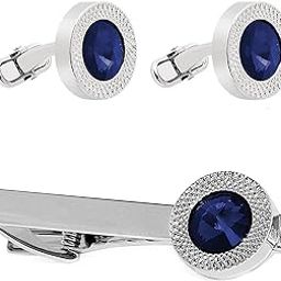 Silver Plated 316L Stainless Steel Blue Stone Classic Cufflinks & Tie Pin Set for Men Formal Business Accessories Gift-33
