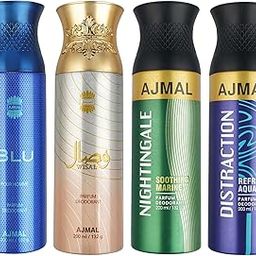 Ajmal 1 Blu Homme for Men, 1 Wisal for Women, 1 Nightingale and 1 Distraction for Men & Women Deodorants each 200ML Combo pack of 4 (Total 800ML)-10