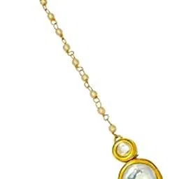jewelopia Round Kundan Bridal Maang Tikka, Pearl Chain, Gold-Plated Traditional Head Jewellery For Girls and Women-picture-3