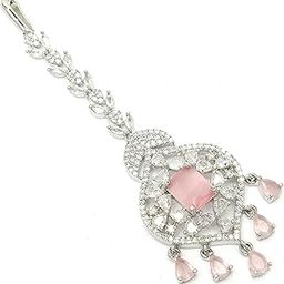Sparkling American Diamond Maang Tikka for Women | Elegant Floral Design Silver Plated Maang Tikka for Wedding - Traditional Head Jewellery for Women-image-28