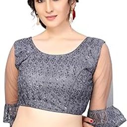 AVINLE Embellished Round Neck Net Designer Blouse Three-Quarters Sleeve Readymade Saree Blouse for Women (Grey, 30)-image-94