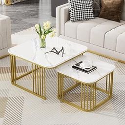 SEROFIK Iron Frame Set of-2 Square 20"x20" Coffee Table/Nesting Table/Nightstand/Center Table with Marble Looking Top for Living Room/Drawing Room/or Hallway (White Gold)-13