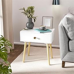 Kuber Industries Wooden Bedside Table for Bedroom | Corner/Side Table with Drawer | Night Stand Lamp End Table for Living Room Decor Wood Legs Engineered Modern Furniture | White-14