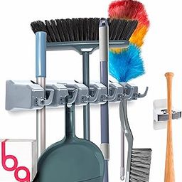 Combo 5 Slot Broom Holder w/ 1 Self Adhesive Mop Gripper No-Drilling, Wall Mount Tool Organizers For Kitchen, Garage, Laundry Room- Anti-Slip Hanger For Brooms, Mops, Rakes, Dustpans (Grey / White)-10