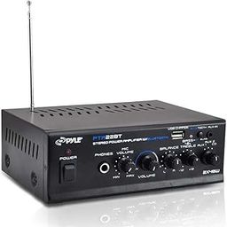 Bluetooth Mini Blue Series Home Audio Amplifier - Compact Desktop Home Theater Stereo Amplifier Receiver with USB Charge Port | Pager & Mixer Karaoke Modes | Mic Input (40 Watt x 2) | Pyle PTA22BT-13