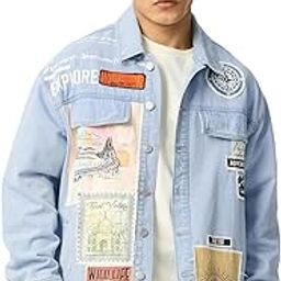 Denim: Wanderer Men and Boys Long Sleeves Collared Neck Button Front Blue Patch worked Cotton Oversized Denim Jackets-27