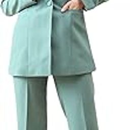Women's Sage Green Notch Collar Stretch Suit with Blazer & Trousers | Single-Breasted | Button Closure | Elastic Waist Pants-17