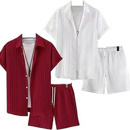 Men's Cord Set, Short Sleeve Collared Shirt with Shorts, Summer Nightsuit Set, White & Maroon Pack of 2-image-97
