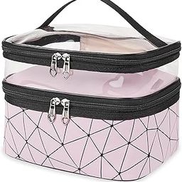 Makeup Bags Double Layer Large Travel Cosmetic Cases Makeup Pouch for Women Toiletry Bags Water-Resistant for Girl Camping College (Black) (Pink)-image-91