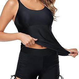 Womens Tankini Swimsuits Athletic Two Piece Tummy Control Bathing Suits with Shorts Modest Tank Tops Black M-image-82