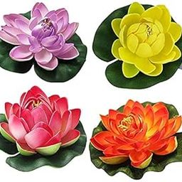 TIED RIBBONS Set of 4 Artificial Floating Lotus Flowers with Rubber Leaf for Outdoor Indoor Home Decoration and Craft - (Multicolour, 4 Piece, 5 cm x 10 Cm)-picture-0