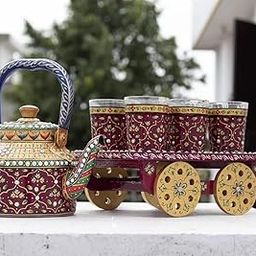Rajasthan Craft Point Hand Painted Tea Kettles with 6 Glass Sets and One Wooden Cart for Glass (Maroon)-image-37