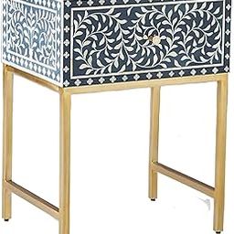 ukindianfurniture Bone Inlay Bedside Table – Handmade Blue & White Floral Design with Gold Metal Base – Elegant Nightstand with Drawer-image-48