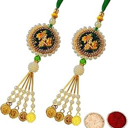 Buyent ® Elegant Kundan pearl lumba rakhi for bhabhi set of 2 radha krishna chuda rakhi latkan rakhi for bhabhi hanging rakhi for bhabhi sister in law with roli chawal pack-image-72