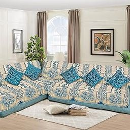 Dazzling DECOR L Shape Velvet Sofa Cover Set - Printed Sofa Back Slip Covers Panels 3 and 2 and 1 Seater Cover for Long Sofa Couch - Premium Slip Cover Protector with Cushion Covers, Aqua_1001-image-84