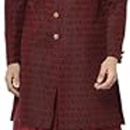 Men's Indo-Western Sherwani Dhoti Set, Maroon Silk Blend, Jacquard Mandarin Collar Regular Fit Long Sleeves-image-40